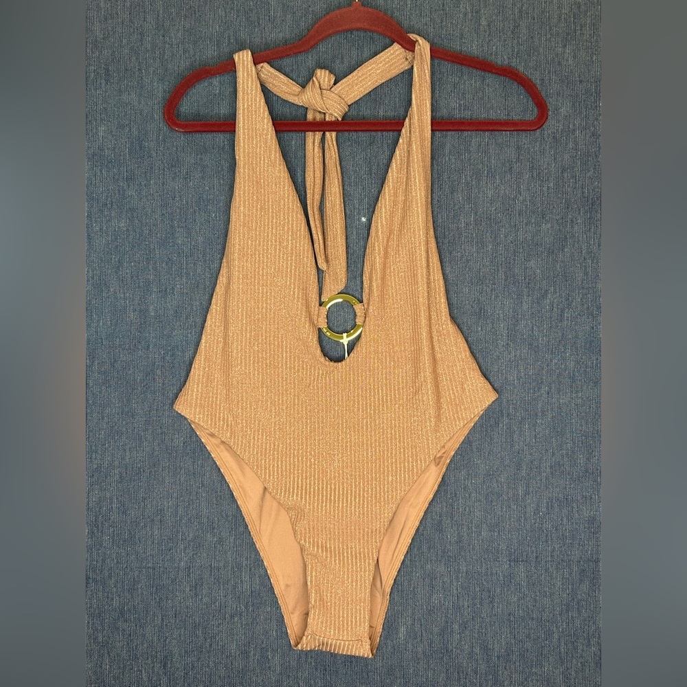 Monday Swimwear Shimmery Mauve Lurex One-Piece with Gold Accent